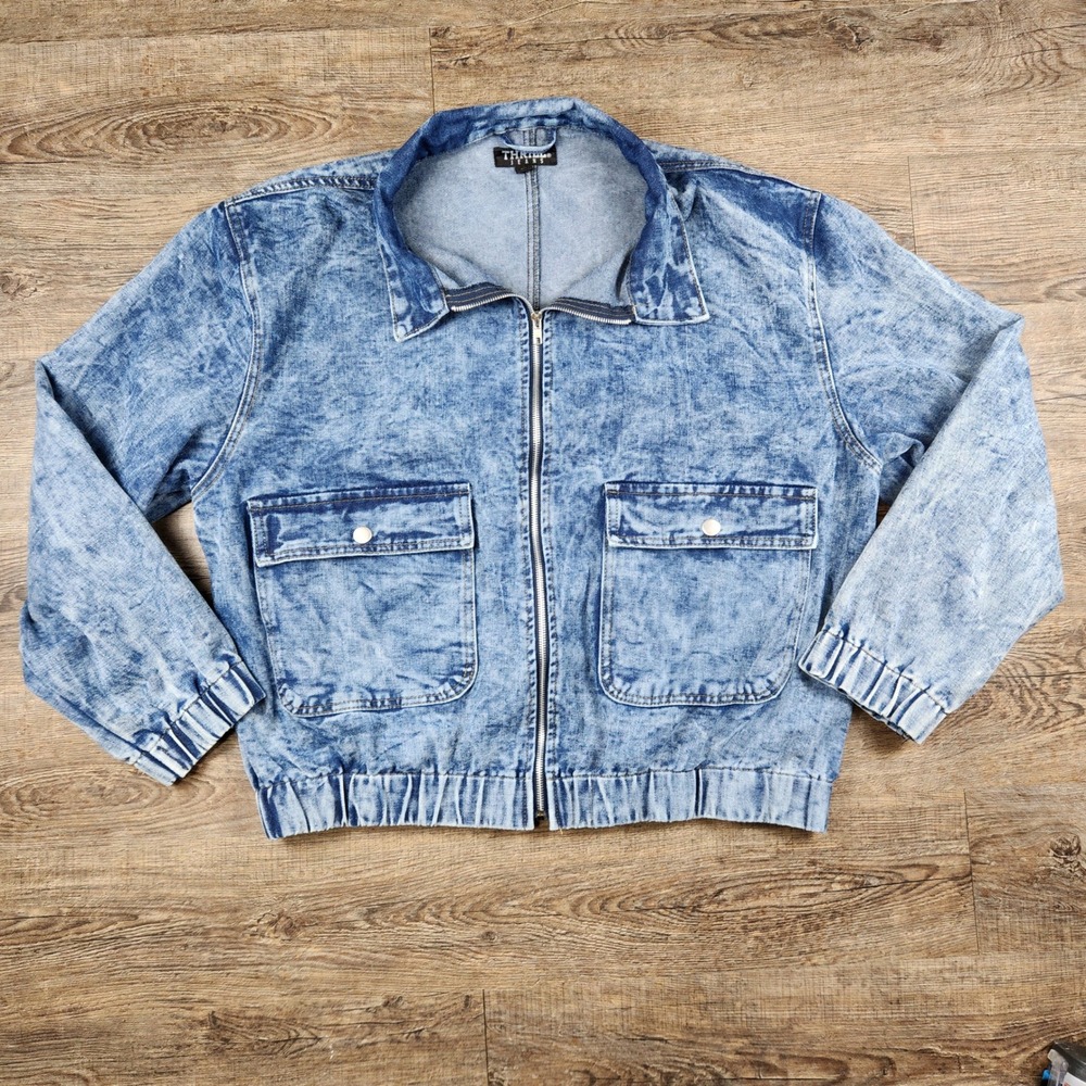 Denim Jacket Bomber Acid Wash Jean Plus Size 3X Blue Zip Front Pockets